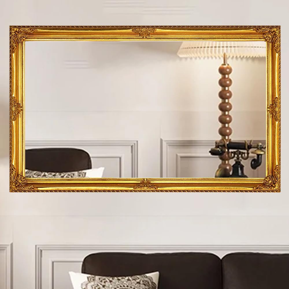 35" x 23" Large Antique Mirror, Gold Vintage Wall Mirror with Baroque Wood Frame for Elegant Victorian Living Room, Ornate Entryway Over Console
