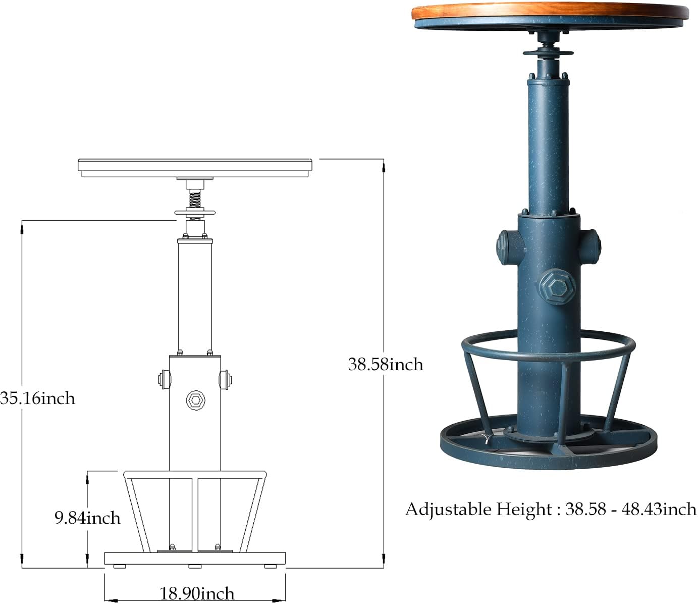 Topower Industrial Bar Table 38.58-48.43" Adjustable Pub Table Kitchen Dining Coffee Bistro Table Antique Blue