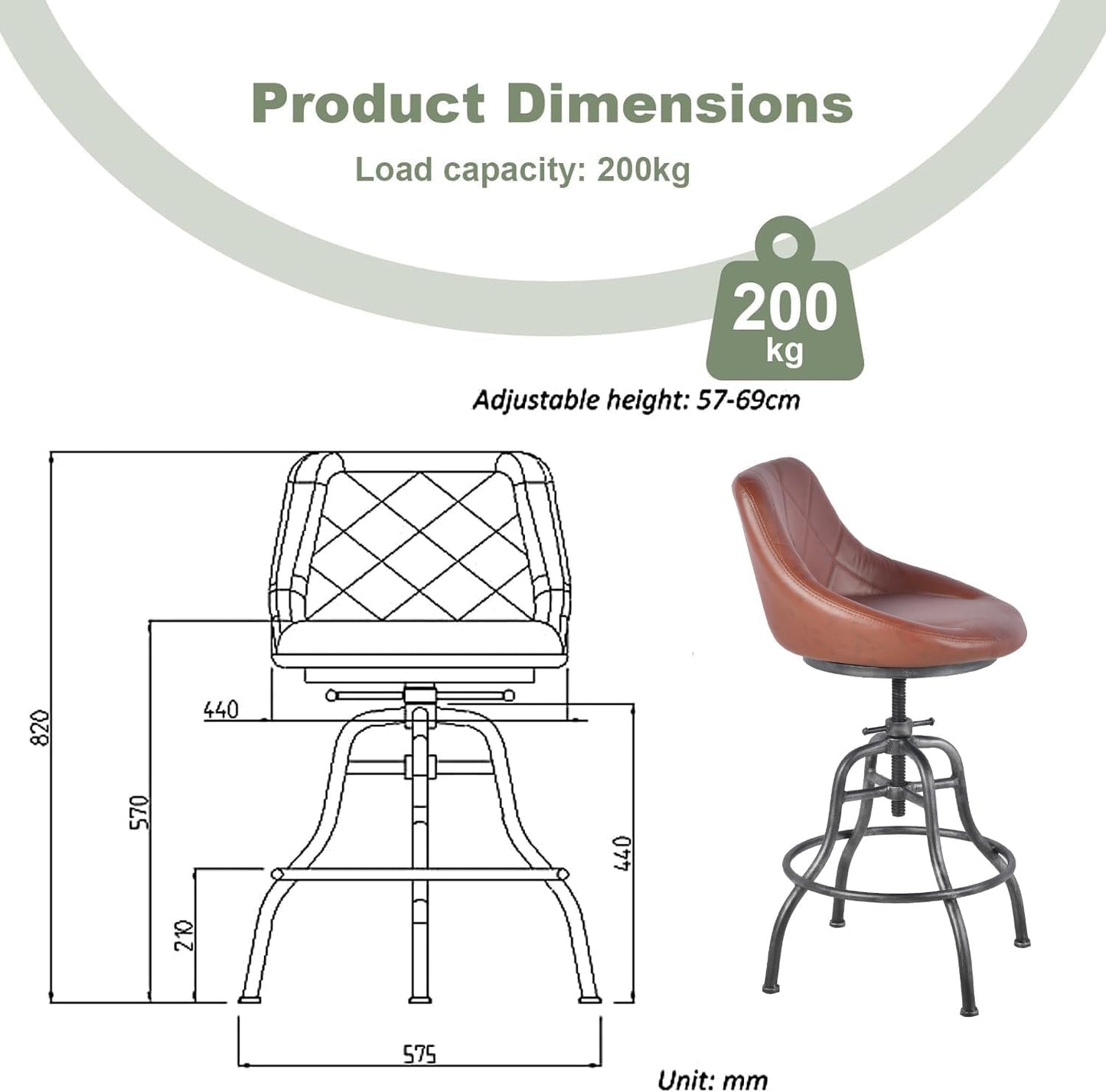Diwhy Industrial Counter Stool, 22.44"-27.17" Adjustable Height PU Backrest Seat Bar Stool, Vintage Kitchen Dining Chair with Footrest, for Kitchen, Dining Side Chair, Bistro, Brown Leather