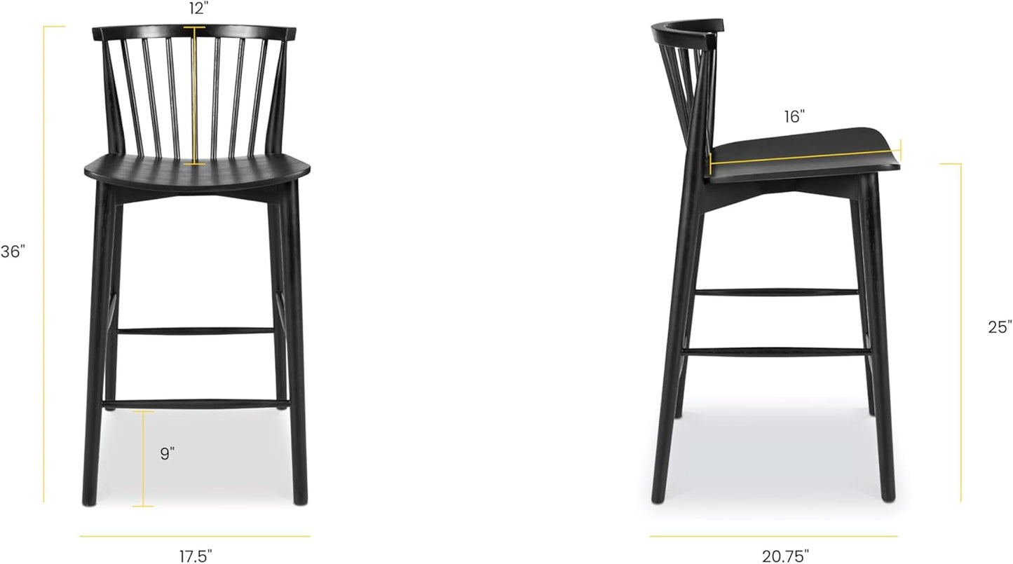 POLY & BARK Ligna Counter Stool Black – Mid-Century Inspired Stool with Sculpted Spindle Back – Solid American Oak Frame and Engineered Wood Veneered Seat – Fully Assembled and Ready to Use