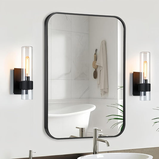Black Bathroom Mirror, 20x30 Inch Matte Black Mirror, Aluminum Alloy Framed Vanity Mirror, Rounded Rectangle Bathroom Mirror for Over Sink, Anti-Rust Wall Mirror (Horizontally or Vertically)