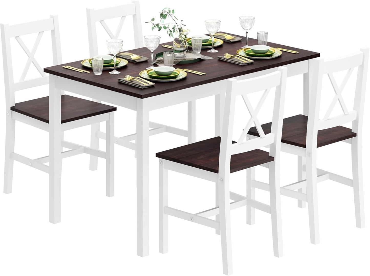 soges Kitchen Dining Table Chairs Set for 4, 42.5 inch Pine Wood Dining Room Table with 4 Chairs, 5-Piece Kitchen Table Chairs Set for Small Space, Apartment, Dinette, Breakfast, Walnut & White