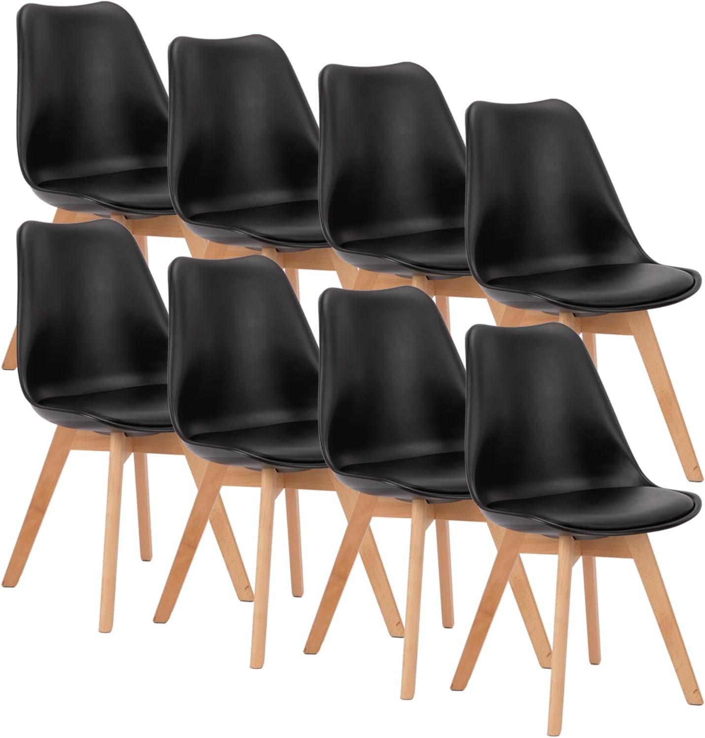 OLIXIS Dining Chairs Set of 8 Kitchen Mid Century Modern Chairs with Wood Legs and PU Leather Cushion for Living Room Bedroom Outdoor Lounge, Black