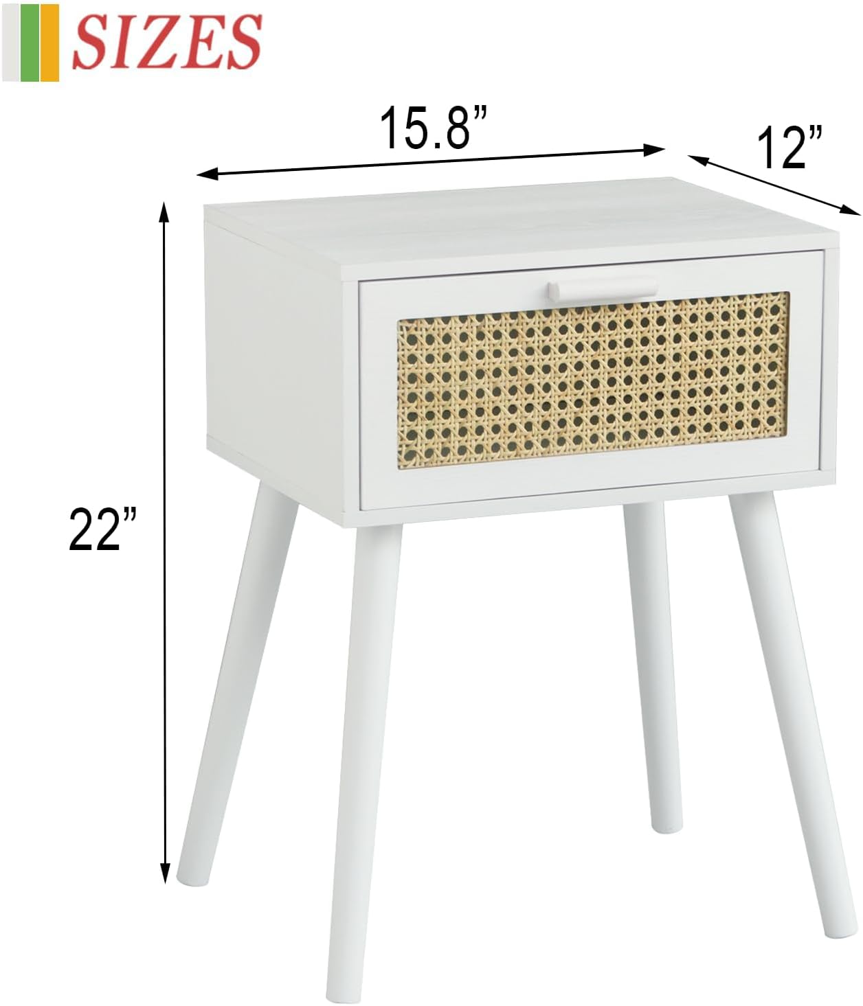 AWASEN White Rattan Nightstand, Modern Bedside Table with Rattan Drawer, End Table with Storage and Solid Wood Legs for Bedroom Living Room Small Space (White)
