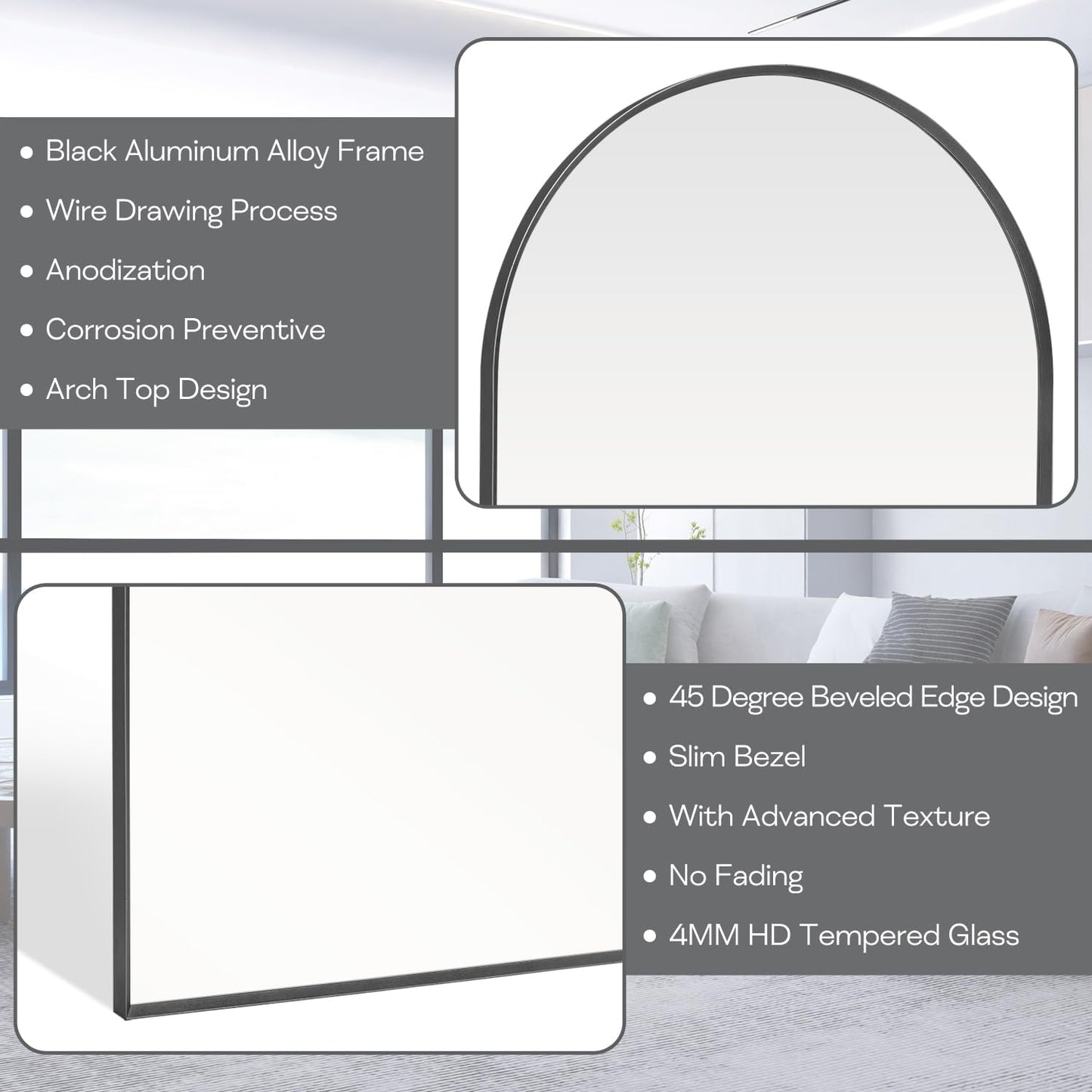 28" x 36" Black Arched Mirror, Large Arch Bathroom Wall Mirror, Metal Frame Arched Top Bathroom Vanity Mirror for Living Room, Bedroom, Entryway, Tempered Glass, Shatter Proof