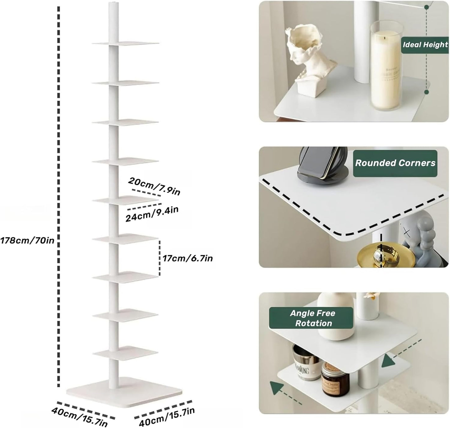 9-Tier Spine Bookshelf Metal Bookcase 5 Colors Vertical Bookshelf Tower Rotating Tall Narrow Bookshelf Ladder Book Rack Indoor (White)