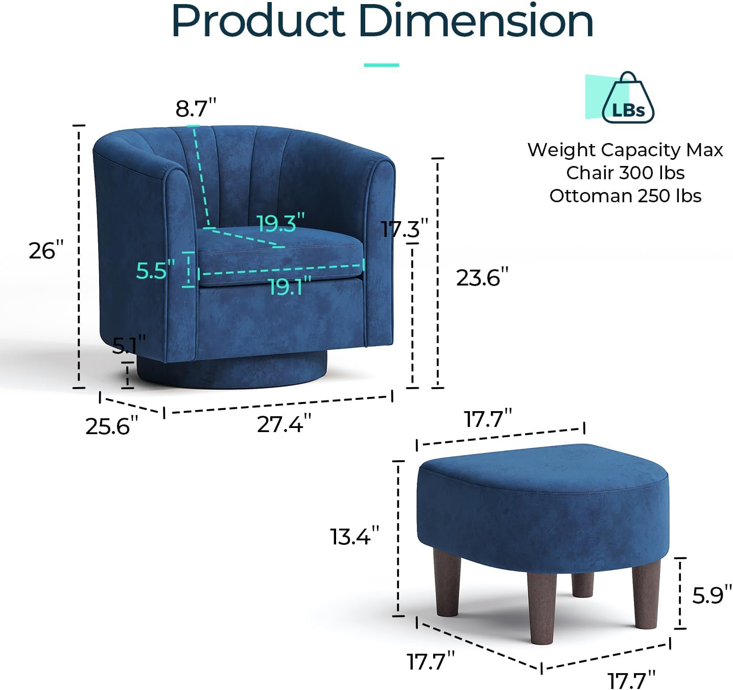 LINSY Swivel Accent Chair with Ottoman: Small Velvet Barrel Chair 360 Swivel Modern Armchair, Upholstered Reading Chair with Footrest for Living Room Bedroom Study Room (Blue)
