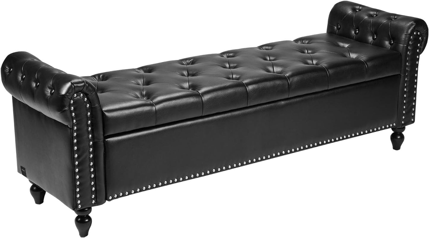 VEVOR Button-Tufted Storage Ottoman Bench, Rolled Arm PU Leather Bench with Solid Wood Legs, Modern Shoe Benches Seat for Entryway, Upholstered End of Bed Benches for Living Room, Dining Room, Black