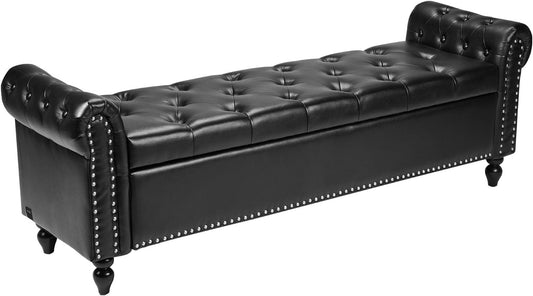 VEVOR Button-Tufted Storage Ottoman Bench, Rolled Arm PU Leather Bench with Solid Wood Legs, Modern Shoe Benches Seat for Entryway, Upholstered End of Bed Benches for Living Room, Dining Room, Black