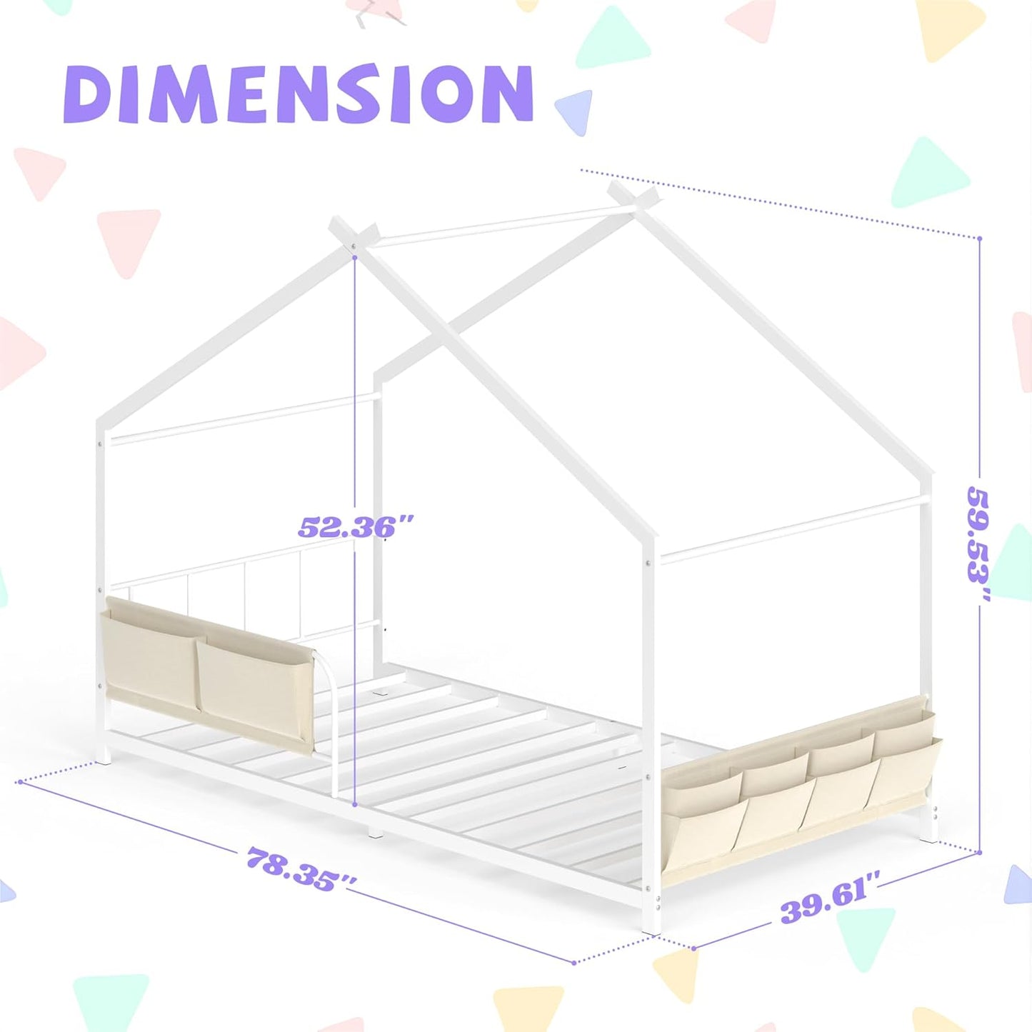 Timy House Shape Twin Size Montessori House Bed Metal Floor Bed with Caddy Twin Bedframe for Kids No Box Spring Needed White