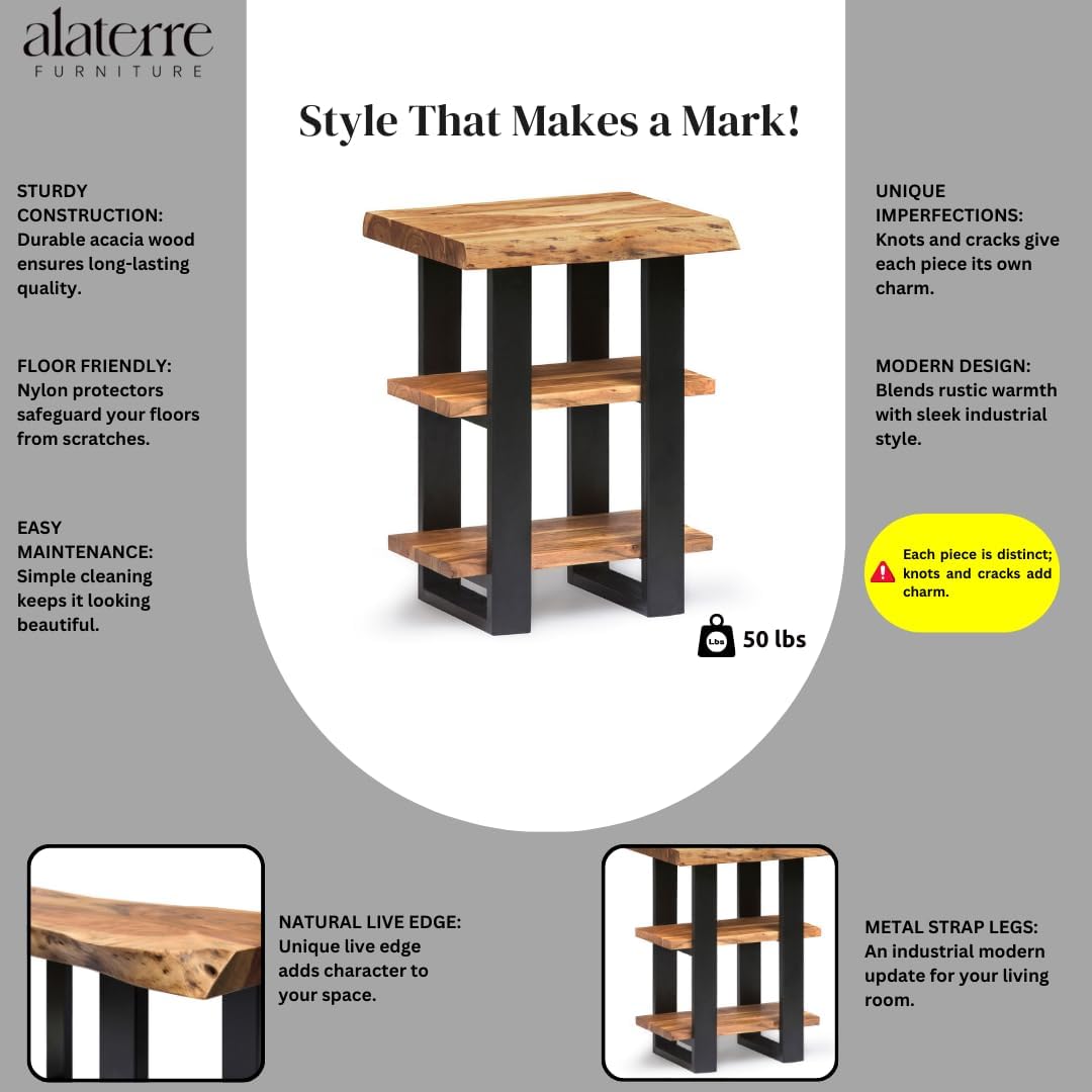 Alaterre Furniture Alpine Natural Live Edge Acacia Wood End Table with Metal Accents, 3-Tier Shelf Design, Includes Nylon Floor Protectors, Unique Industrial Rustic Style, Clear Natural Finish