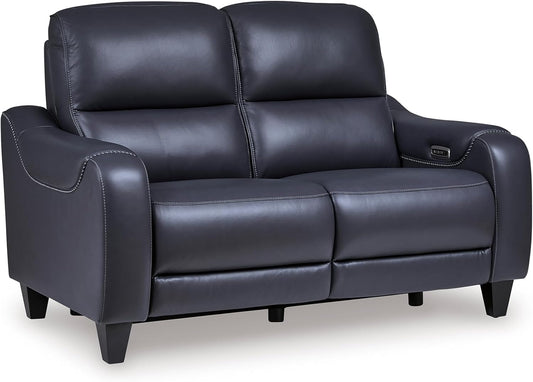 Signature Design by Ashley Mercomatic Contemporary Leather Match Wall Hugger Power Reclining Loveseat with Adjustable Headrest and USB Ports, Blue