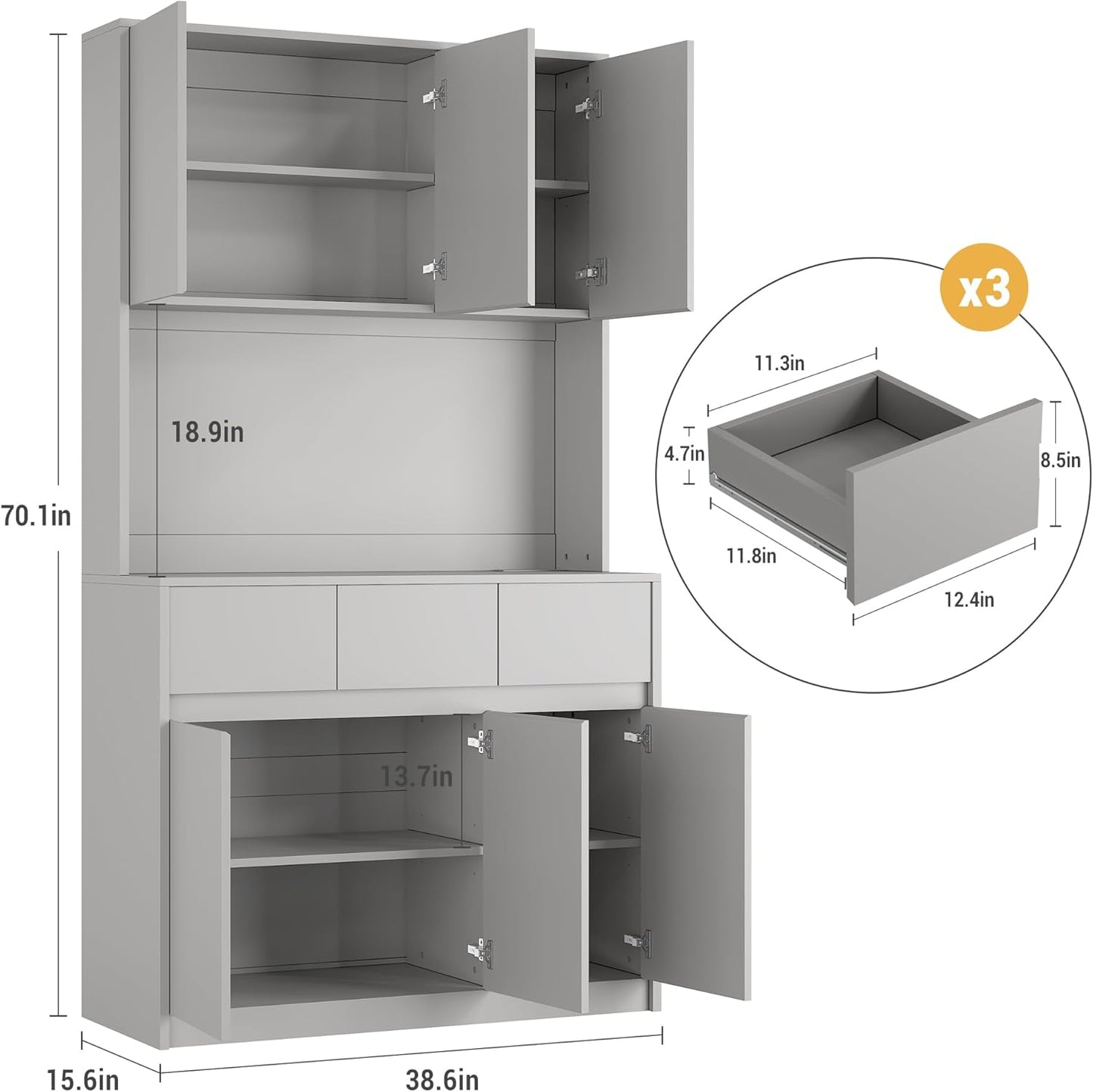 Garvee Kitchen Pantry Storage Cabinet, Tall Storage Cabinet with Doors and Shelves, Kitchen Storage Hutch with Microwave Stand, Led Lights and Charging Station,Corner Pantry Cabinet,Grey
