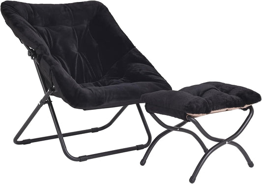 Oversized Folding Faux Fur Chair with Ottoman, X-Large Soft Saucer Chair, Foldable Metal Frame for Bedroom, Living Room, Balcony (Black)