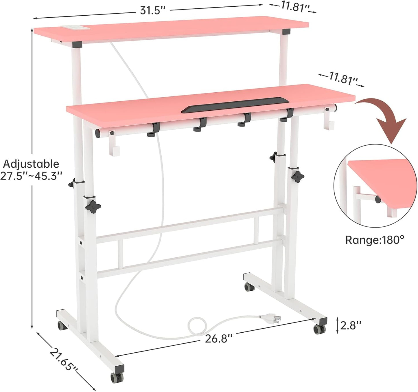 SIDUCAL Mobile Stand Up Desk with USB Ports and Outlets, Adjustable Laptop Desk on Wheels, Home Office Workstation, Rolling Laptop Cart for Standing or Sitting, 31.5" x 23.6"Pink