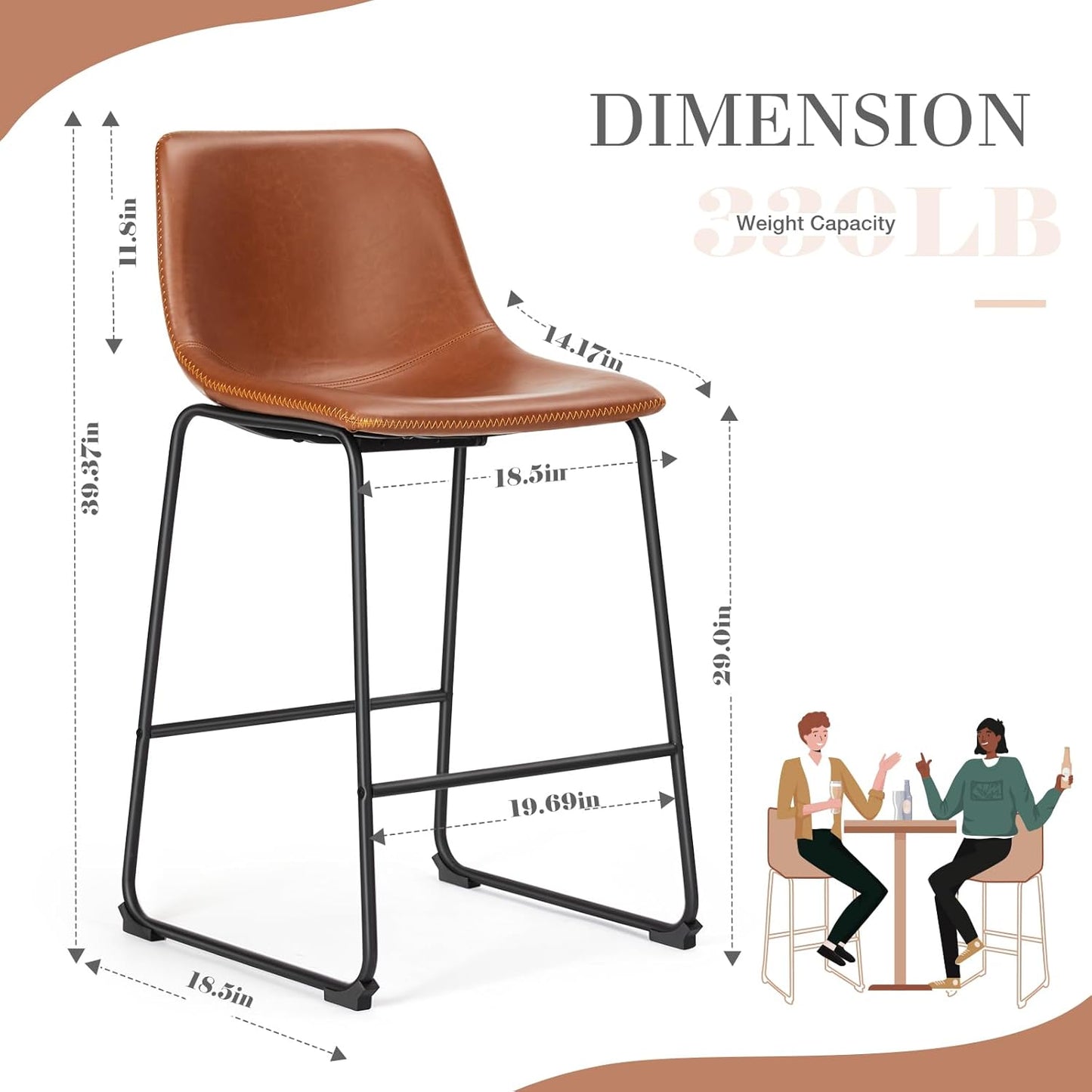 DUMOS 30 Inch Counter Height Bar Stools Set of 4, Modern Faux Leather High Barstools with Back and Metal Leg, Bar Chairs for Kitchen lsland, Elegant Brown