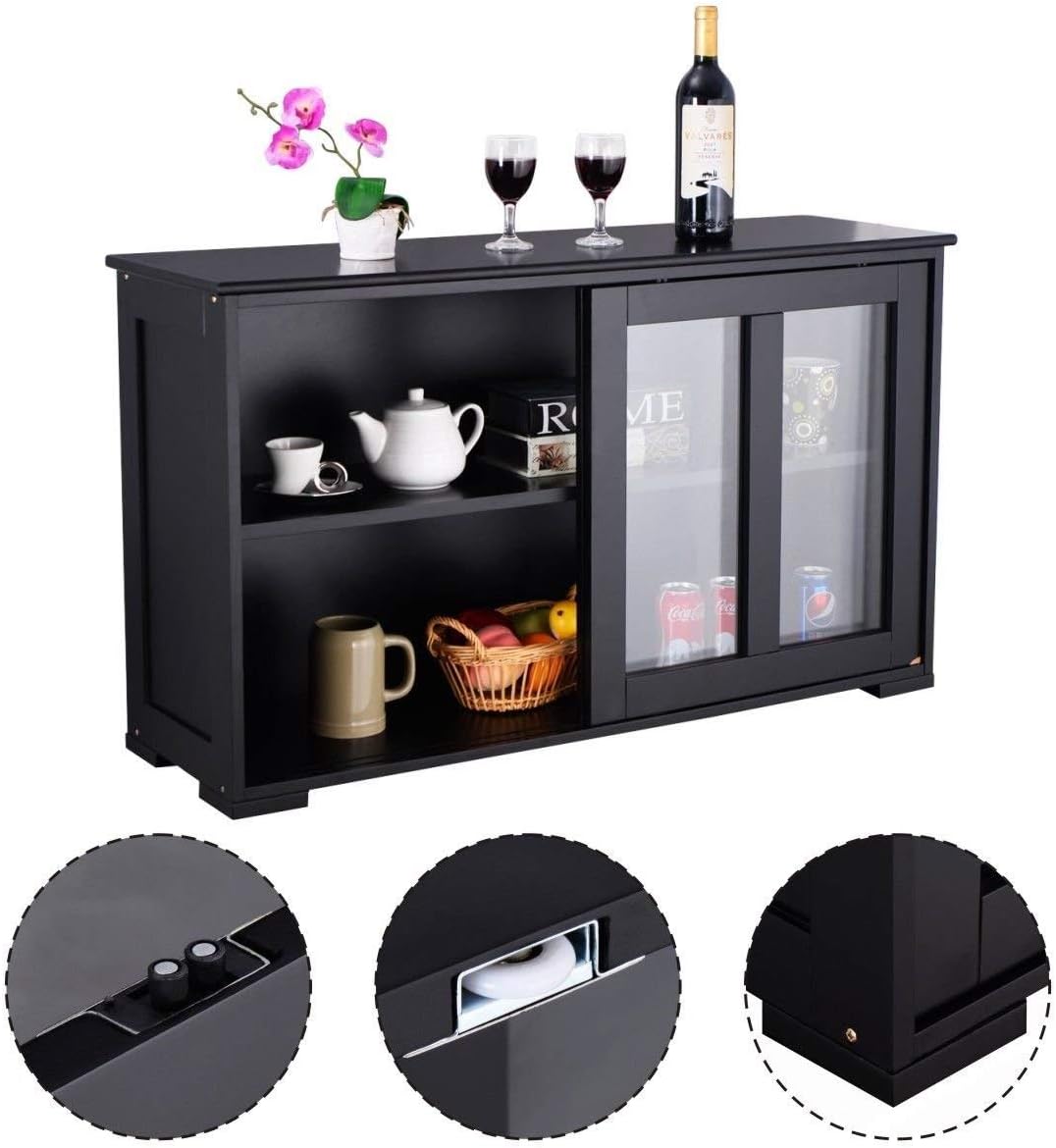 Costzon Kitchen Storage Sideboard, Antique Stackable Cabinet for Home Cupboard Buffet Dining Room (Black Sideboard with Sliding Door Window)