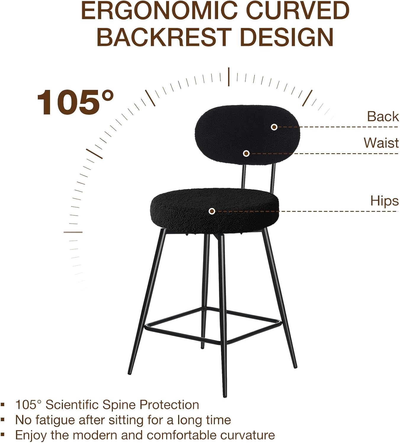 HOMMPA Counter Height Swivel Bar Stools Set of 4 Boucle Barstools 26'' Upholstered Modern Counter Barstools with Back Metal Legs Bar Stools Chairs for Kitchen Counter Island Black