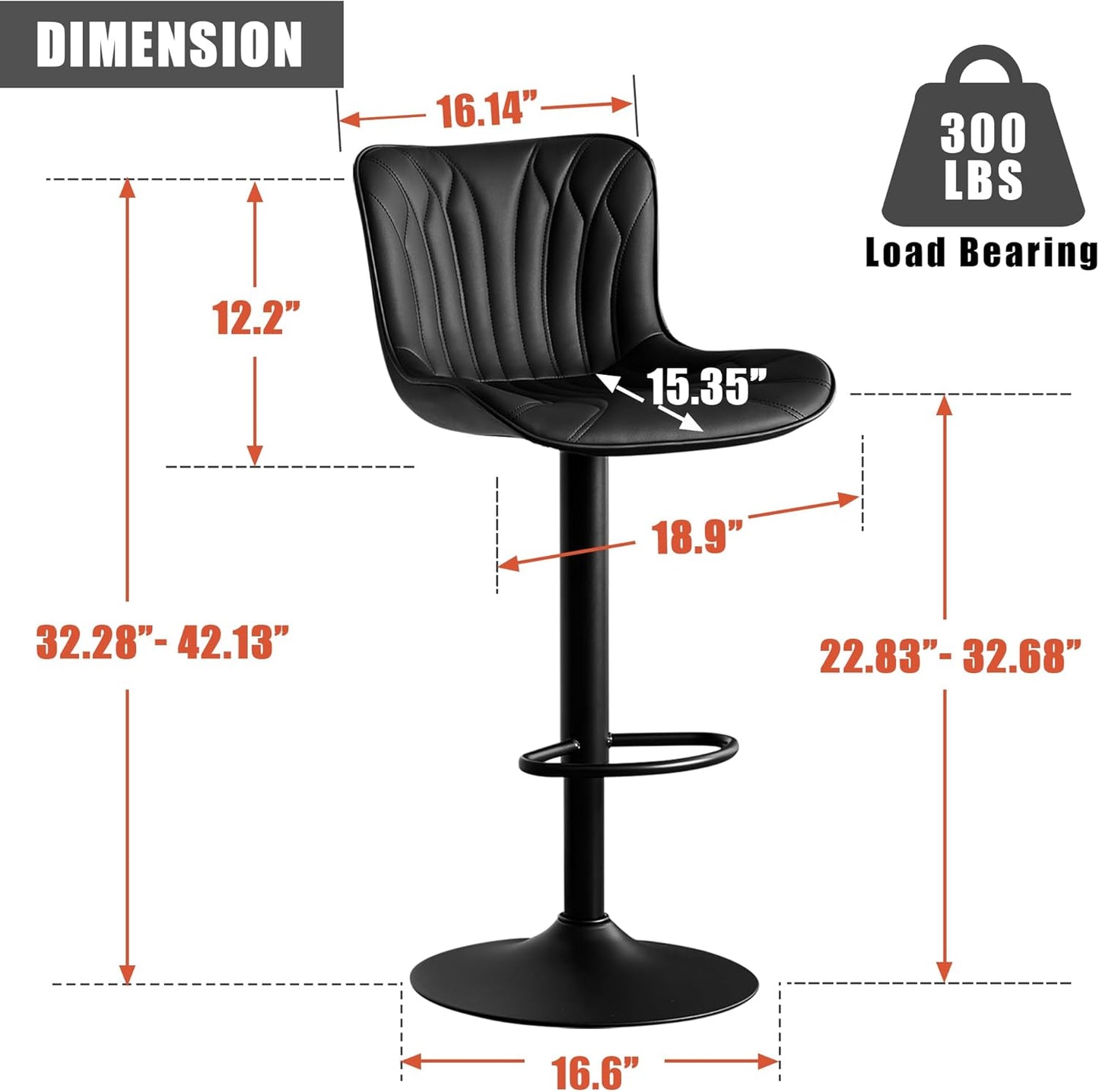 YOUNUOKE Bar Stools Set of 2 Black Barstools Adjustable Counter Height Stools 24 inch Swivel Modern Bar Stool with Back for Kitchen Island