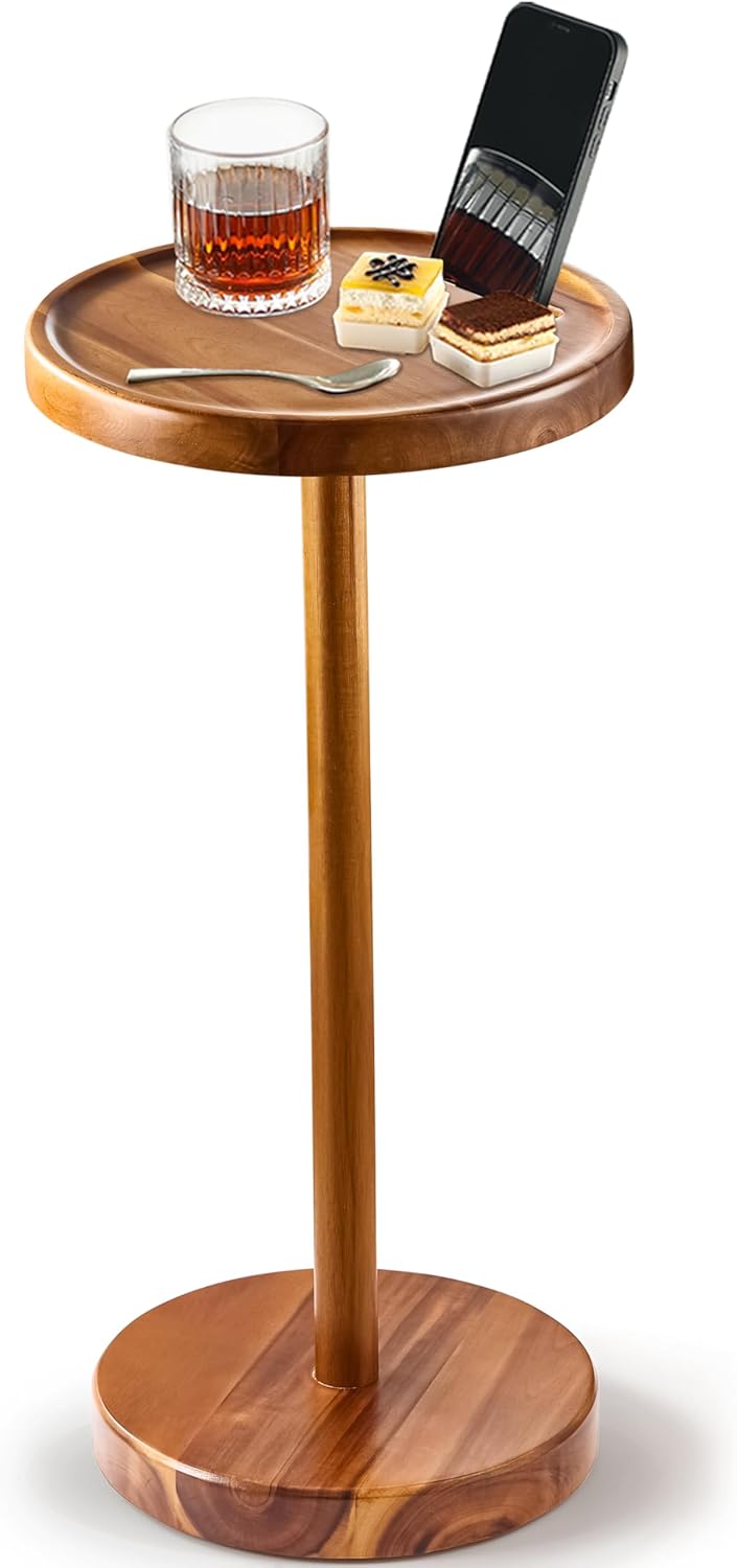 Drink Table, 24.4" Tall Compact Side Table with Phone Slot and Weighted Base, Durable Pedestal Table Accent for Living Room (Flat, Acacia)