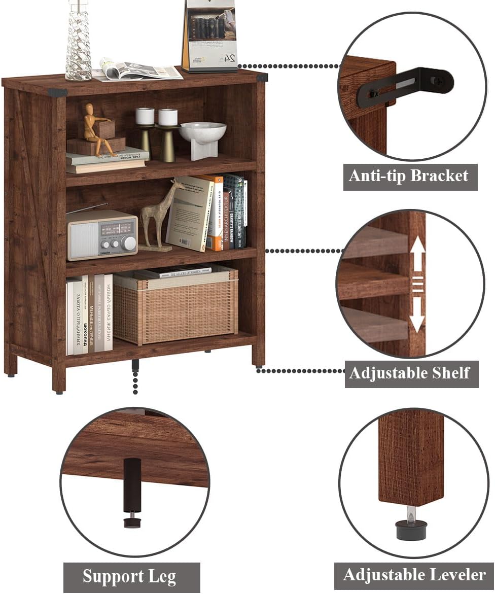 BON AUGURE Rustic Short Bookshelf, 3 Shelf Bookcase, Small Wood Low Book Cases/Shelves, Farmhouse Storage Tier Book Shelves for Home Office, Living Room, Small Space (Rustic Oak)