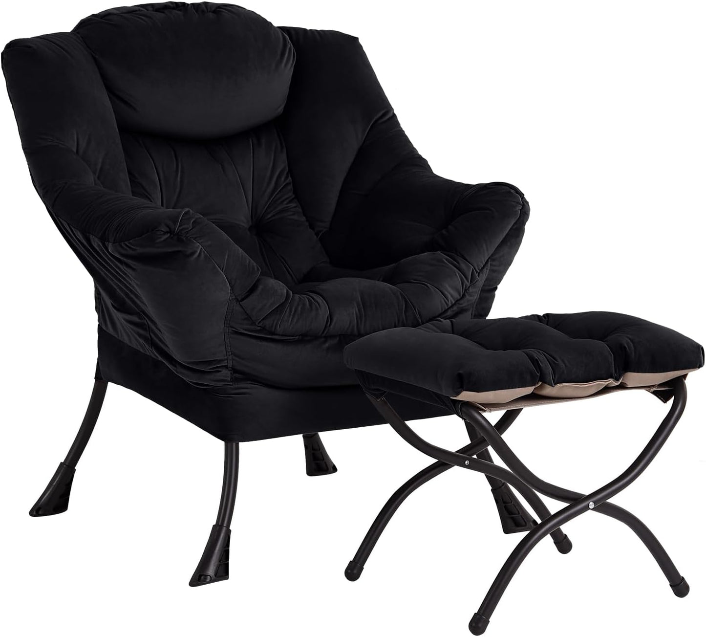Lazy Chair with Ottoman, Modern Chair with Folding Footrest, Lounge Accent Chair, Comfortable Reading Chair, Oversized Armchairs for Bedroom, Study, Living Room, Courtyard (Velvet Black)