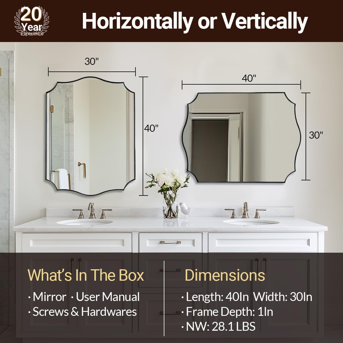 ANDY STAR Large Brushed Nickel Mirror, 30x40 Inch Scalloped Bathroom Mirror, Modern Rectangle Mirror with Unique Wavy Design, Ideal for Home Decor, Rust-Proof Stainless Steel 1" Frame