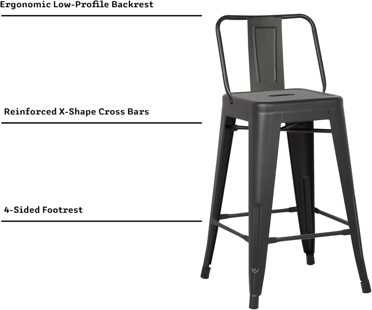 AC Pacific 24” Metal Barstool Set of 4 – Country Rustic Style with Low Back, Lightweight & Sturdy Build, Easy Assembly – Matte Black