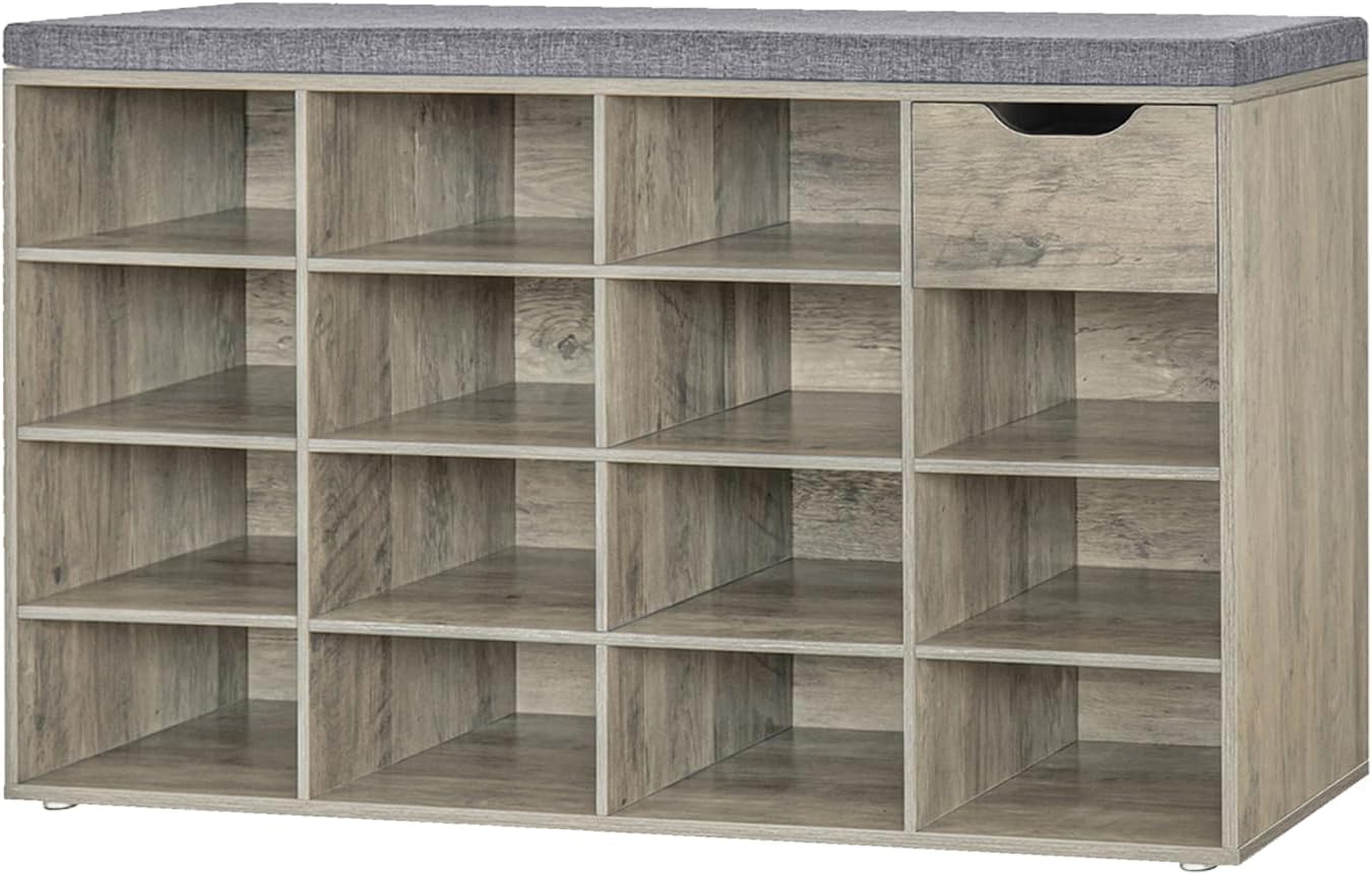 DINZI LVJ Shoe Bench, Entryway Storage Bench with Drawer and 15 Cubbies, Cubby Shoe Rack with Adjustable Shelves, Shoe Organizer Cabinet for Living Room, Bedroom, Mudroom and Garage, Gray Wash
