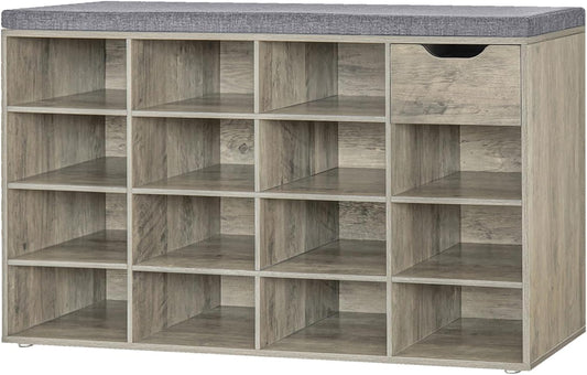 DINZI LVJ Shoe Bench, Entryway Storage Bench with Drawer and 15 Cubbies, Cubby Shoe Rack with Adjustable Shelves, Shoe Organizer Cabinet for Living Room, Bedroom, Mudroom and Garage, Gray Wash