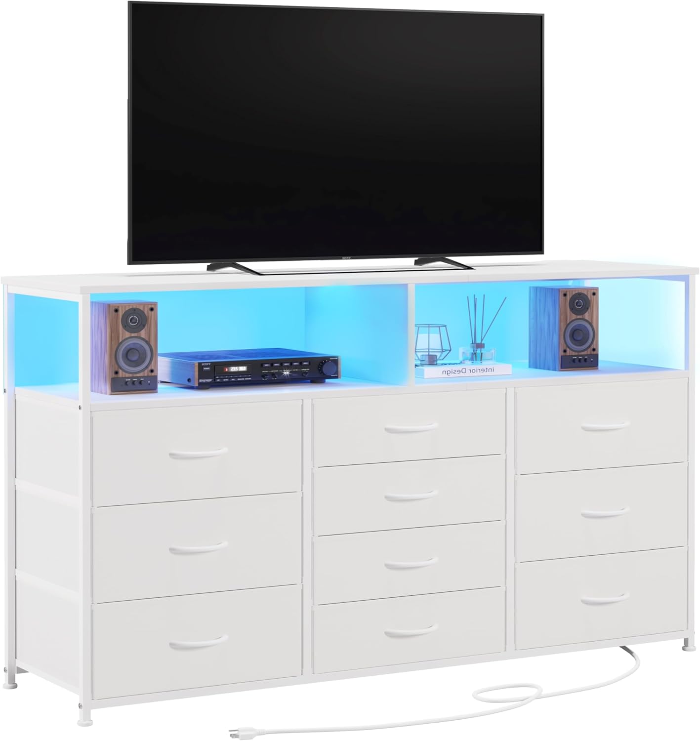 55W 10-Drawers Dresser with 2 Open Storage Shelves, TV Stand Dresser for 55,65 inch TV，with Power Outlets and LED Lights, Fabric Dressers Drawers for Bedroom, Living Room (White)