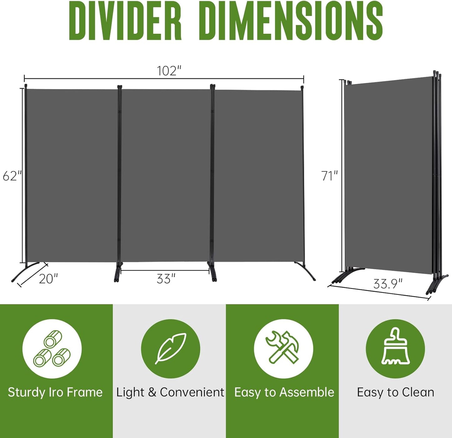 JVVMNJLK Indoor Room Divider, Portable Office Divider, Room Divider Wall Screen 3 Panel, Folding Partition Privacy Screen Walls Dividers for Room Separator 102" W x 71.3" H, Grey