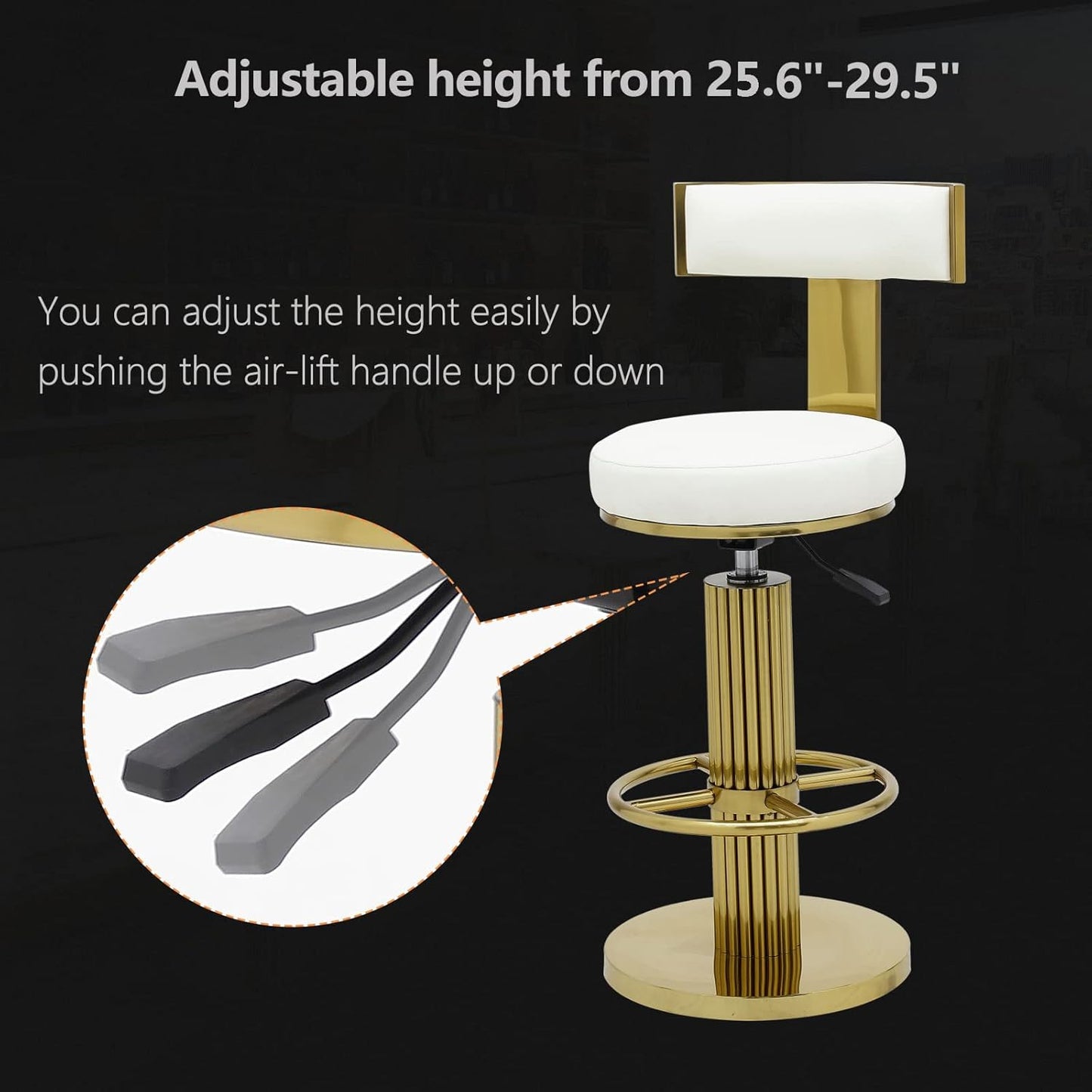 FUNROLUX Counter Height Bar Stools with Back, Modern Adjustable Height Barstools Swivel Bar Chairs with Polished Gold Stainless Steel Legs and Comfortable Cushion for Kitchen Island Counter (White)