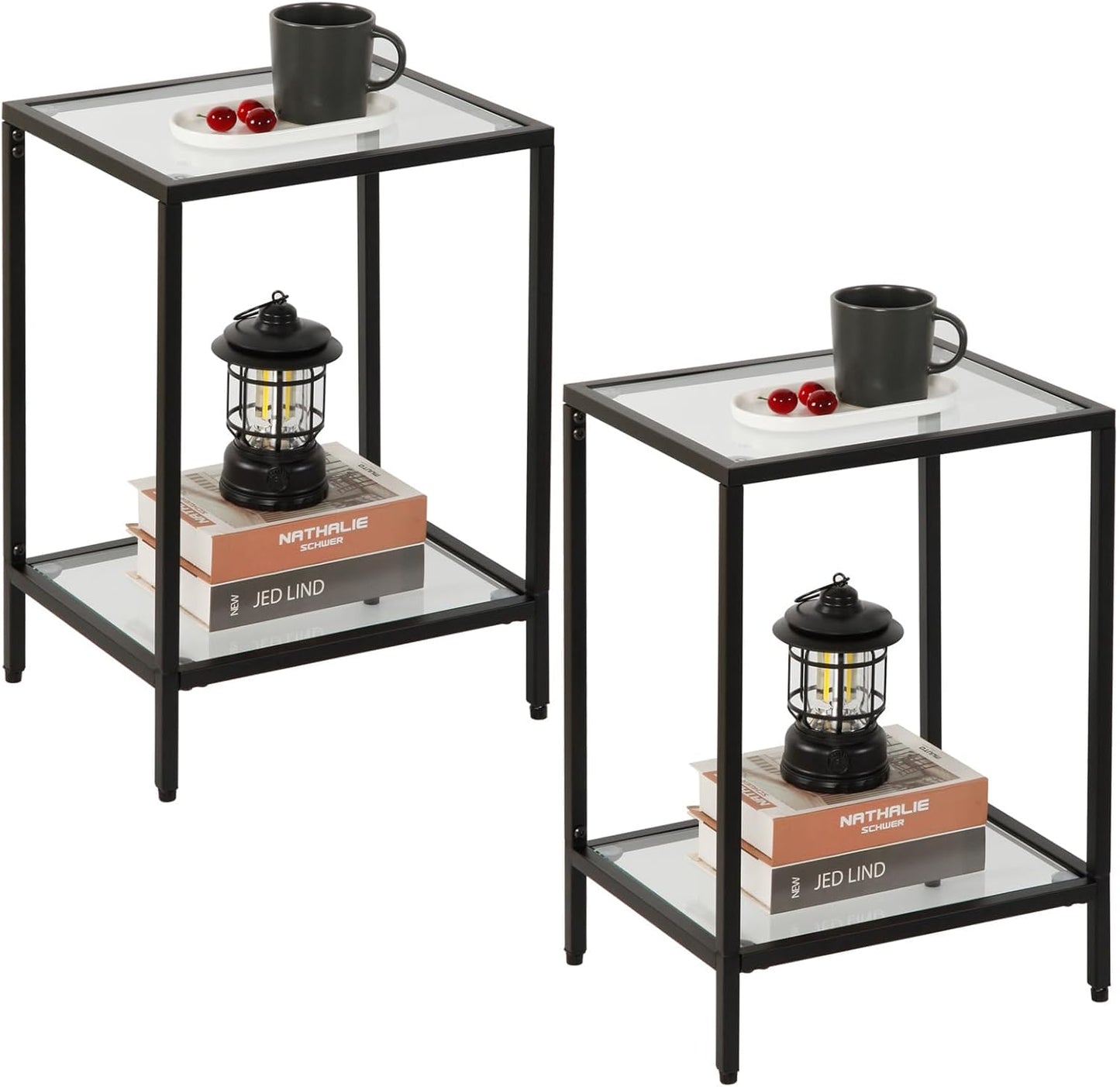 Modern 2-Tier Tempered Glass End Table - Stylish Black Metal Side Table for Small Spaces, Perfect for Living Room & Bedroom (Black, 2PCS)