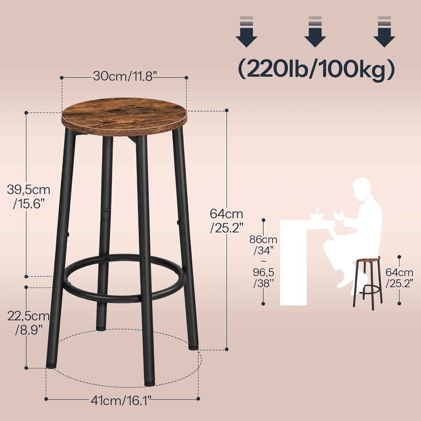 HOOBRO Bar Stools Set of 4, Counter Height Stools, Kitchen Round Height Stools, Bartools with Metal Frame and Smooth Top, for Kitchen, Bar, Cafe, Dining Room, Rustic Brown and Black BF03BYP401N1