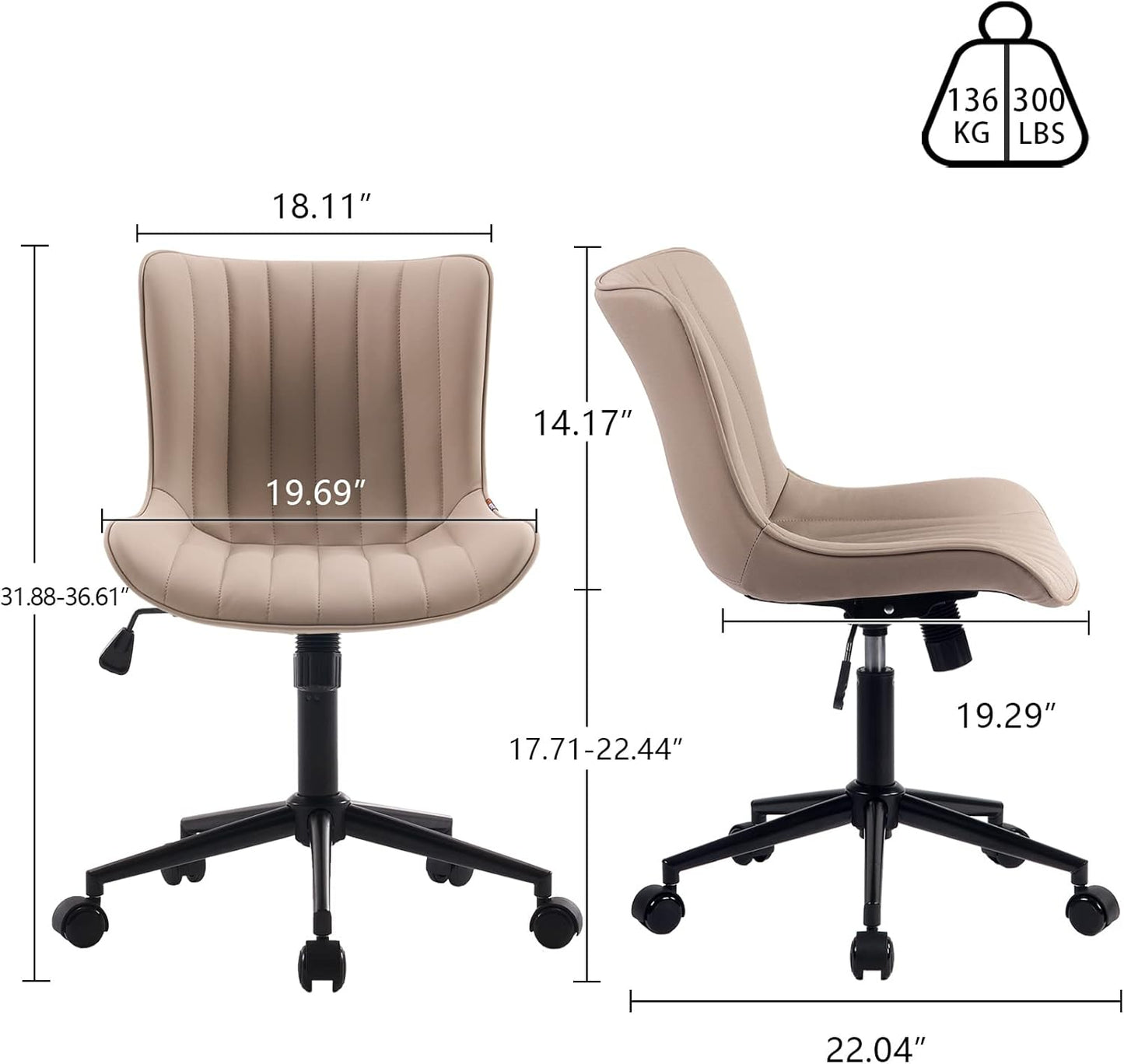 YOUNIKE Khaki Comfy Home Office Desk Chair with Wheels Armless Vanity Chair with Back Ergonomic Modern Leather Upholstered Rolling Task Chair Small Cute Sewing Chair No Arms Wide Swivel Adjustable