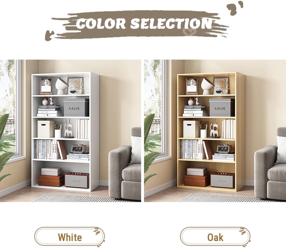 Basic Open Shelf Bookcase - 5-Tier Wooden Cube Storage Shelves Split Bookshelf, Oak