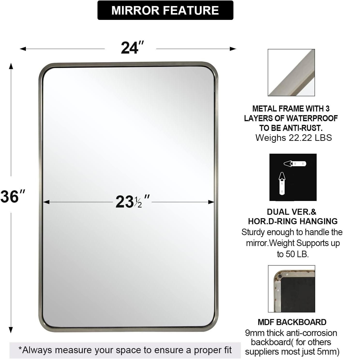 ANDY STAR Brushed Nickel Bathroom Mirror, 24x36’’ Rounded Rectangle Mirror Modern Silver Vanity Mirror SUS304 Metal Tube Frame(Rustproof) 1’’ Deep Wall Mounted Vertically/Horizontally
