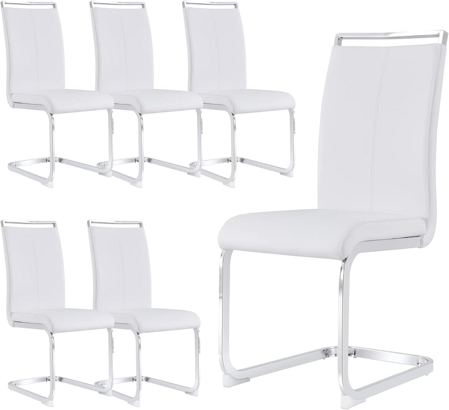 Dining Chairs Set, Kitchen Modern Metal Chairs with Faux Leather Padded Seat High Back and Sturdy Chrome Legs, Chairs for Dining Room (White, Set of 6)