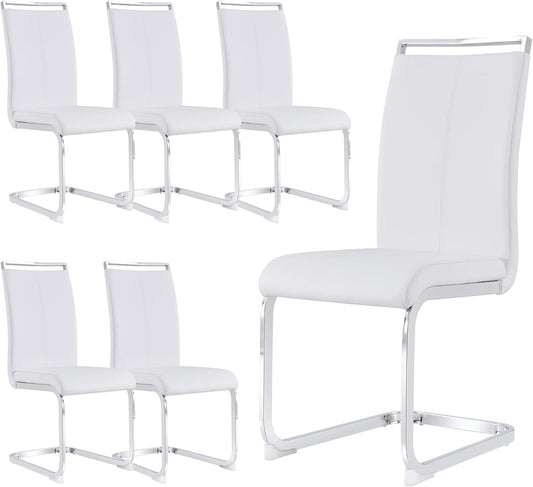 Dining Chairs Set, Kitchen Modern Metal Chairs with Faux Leather Padded Seat High Back and Sturdy Chrome Legs, Chairs for Dining Room (White, Set of 6)