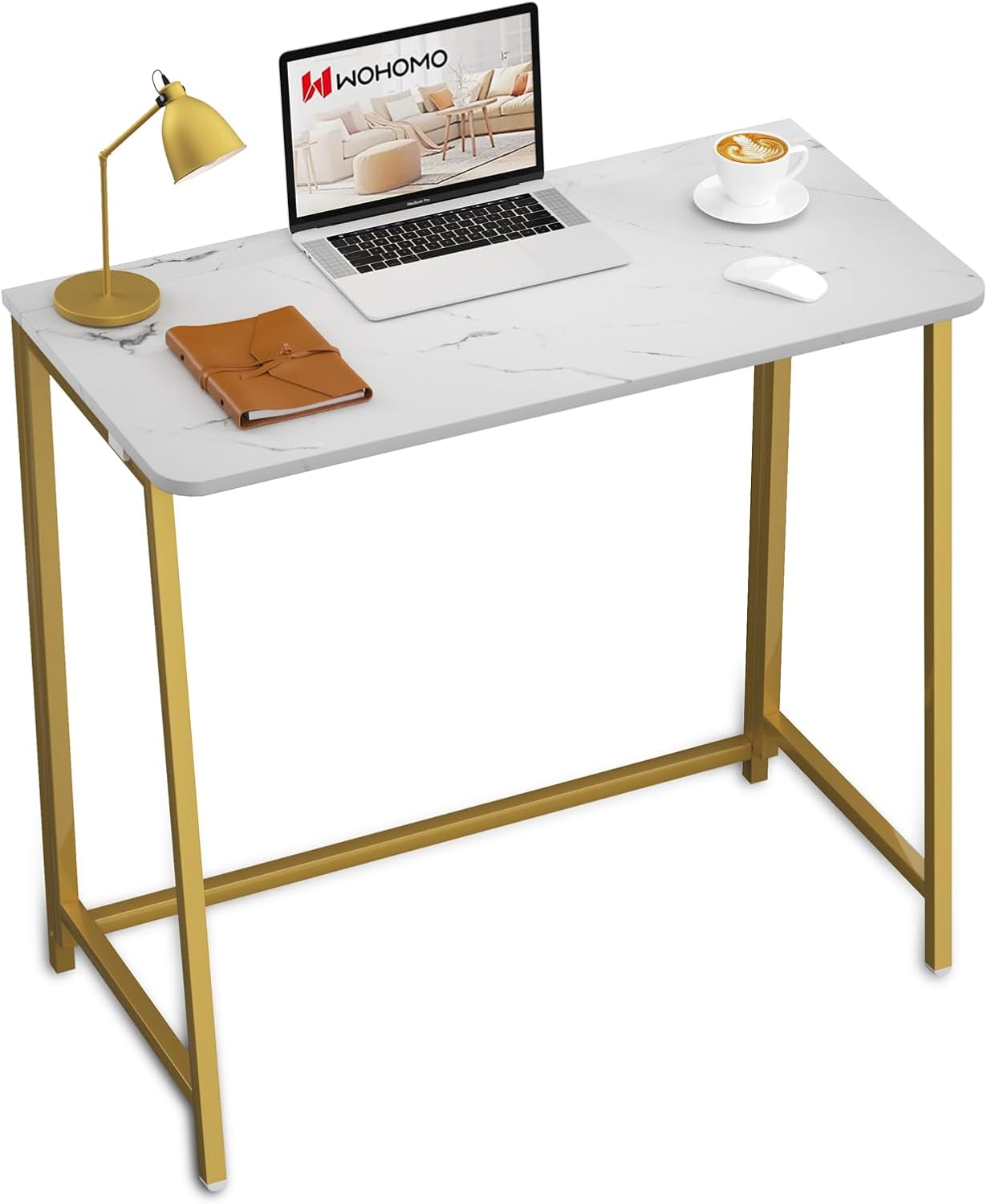 WOHOMO White Faux Marble Folding Desk, 31.5" Small Desk for Small Spaces with Gold Legs, Easy Assemble Foldable Computer Desk, Mini Portable Working Table for Home Office, White and Gold