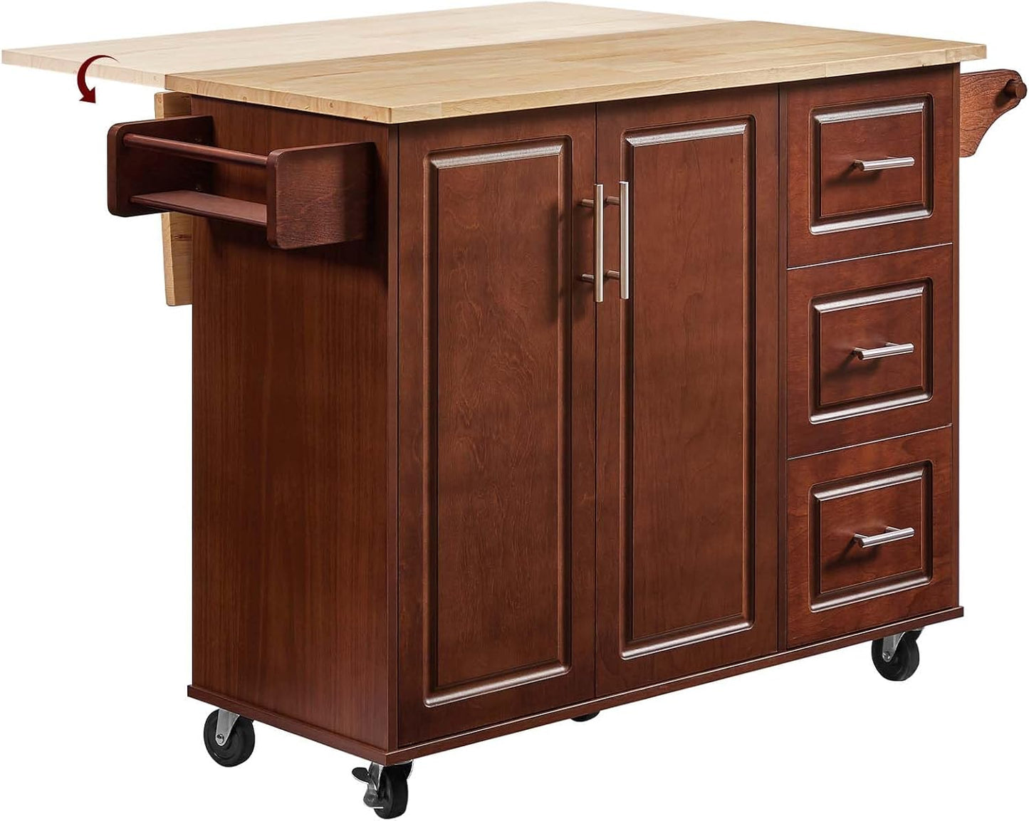 Walnut 54" Rolling Kitchen Island Cart with Storage, Large Kitchen Cart with Folding Drop Leaf Breakfast Bar, Wood Island Table with 3 Drawers and Spice Rack & Towel Rack, Brown