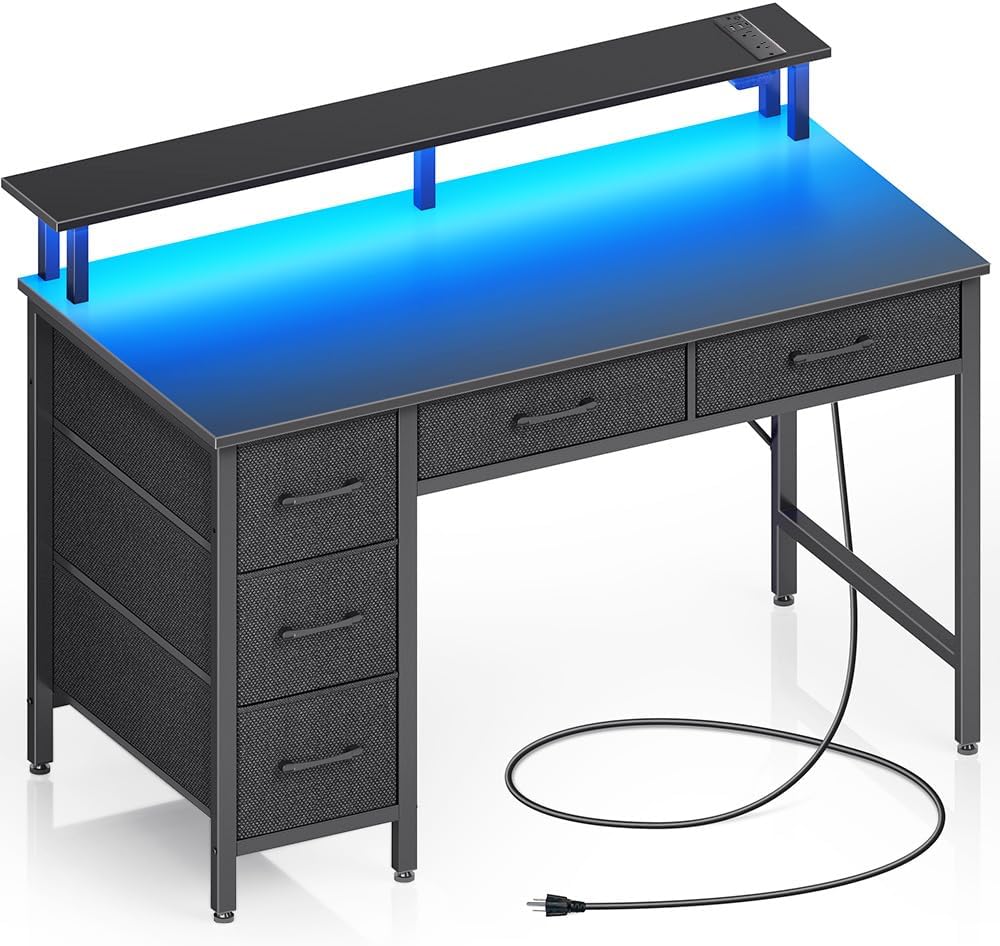 Seventable Computer Desk with Power Outlets & LED Light, 39 inch Home Office Desk with 5 Drawers, Writing Desk with Monitor Stand,Work Desk for Home Office, Black