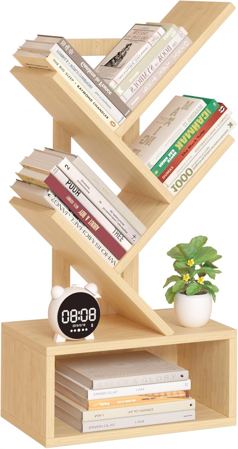 Small Tree Book Shelf,5 Tier Black Tree Bookshelf,Wood Desktop Bookcase,Modern Desk Display Storage Bookshelves,Floor Standing Organizer Bookcases for Living Room,Bedroom,Office