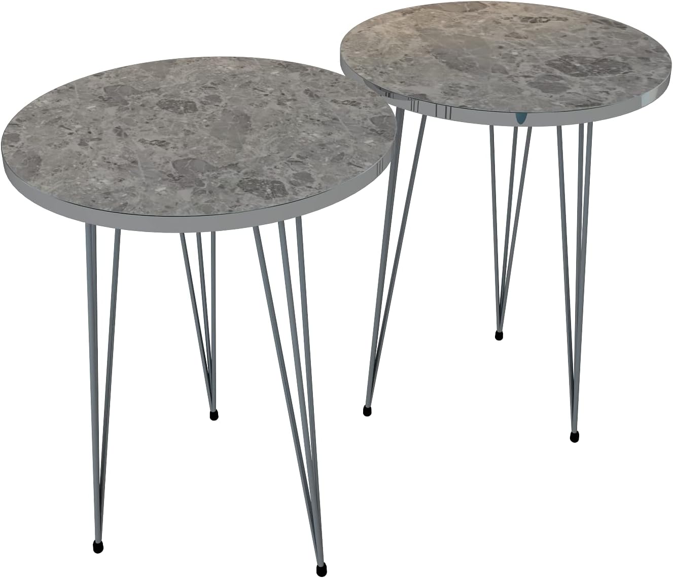 PAK HOME Set of 2 End Tables Round Wood Sofa Side Coffee Tables for Small Spaces, Nightstand Bedside Table with Metal Legs for Bedroom, Living Room, Office (Grey Marble High Gloss/Silver Legs)