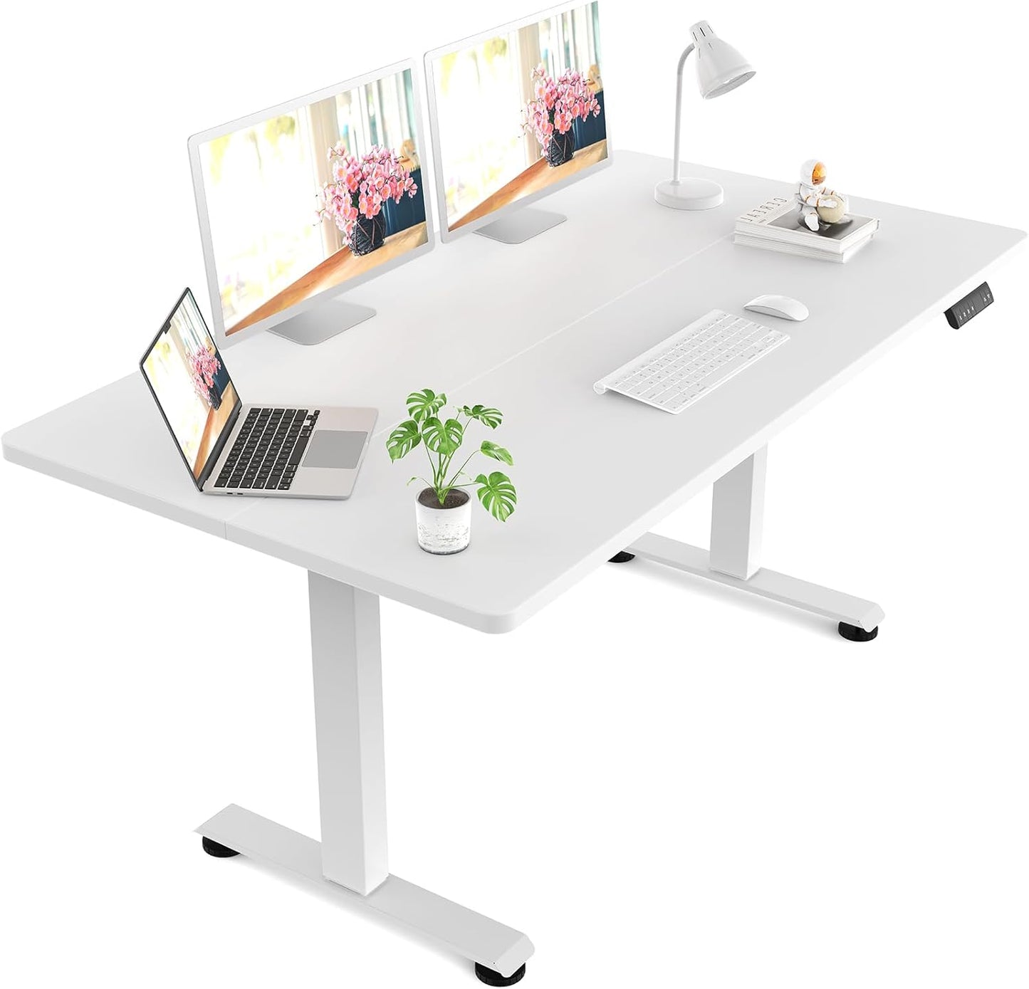Veken 63x27.6 Inch Large Electric Standing Desk, 4 Memory Heights Adjustable,Sit to Stand Up, Work Home Office Computer Table for Walking Pad, Gifts for Dad, Wooden Desktop Desks, White
