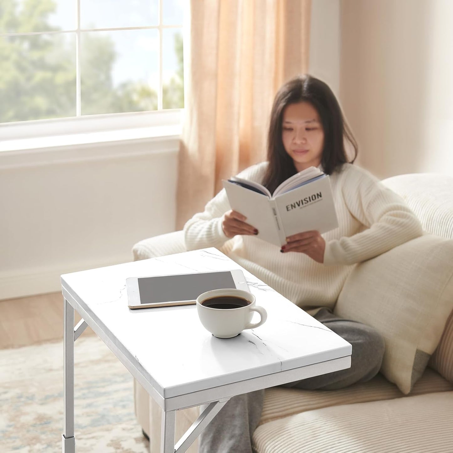 C-Shaped End Table, Small Sofa Table with Metal Frame, Adjustable Height Side Table for Couch, Living Room, Bedroom, Bedside (Silver, Medium)