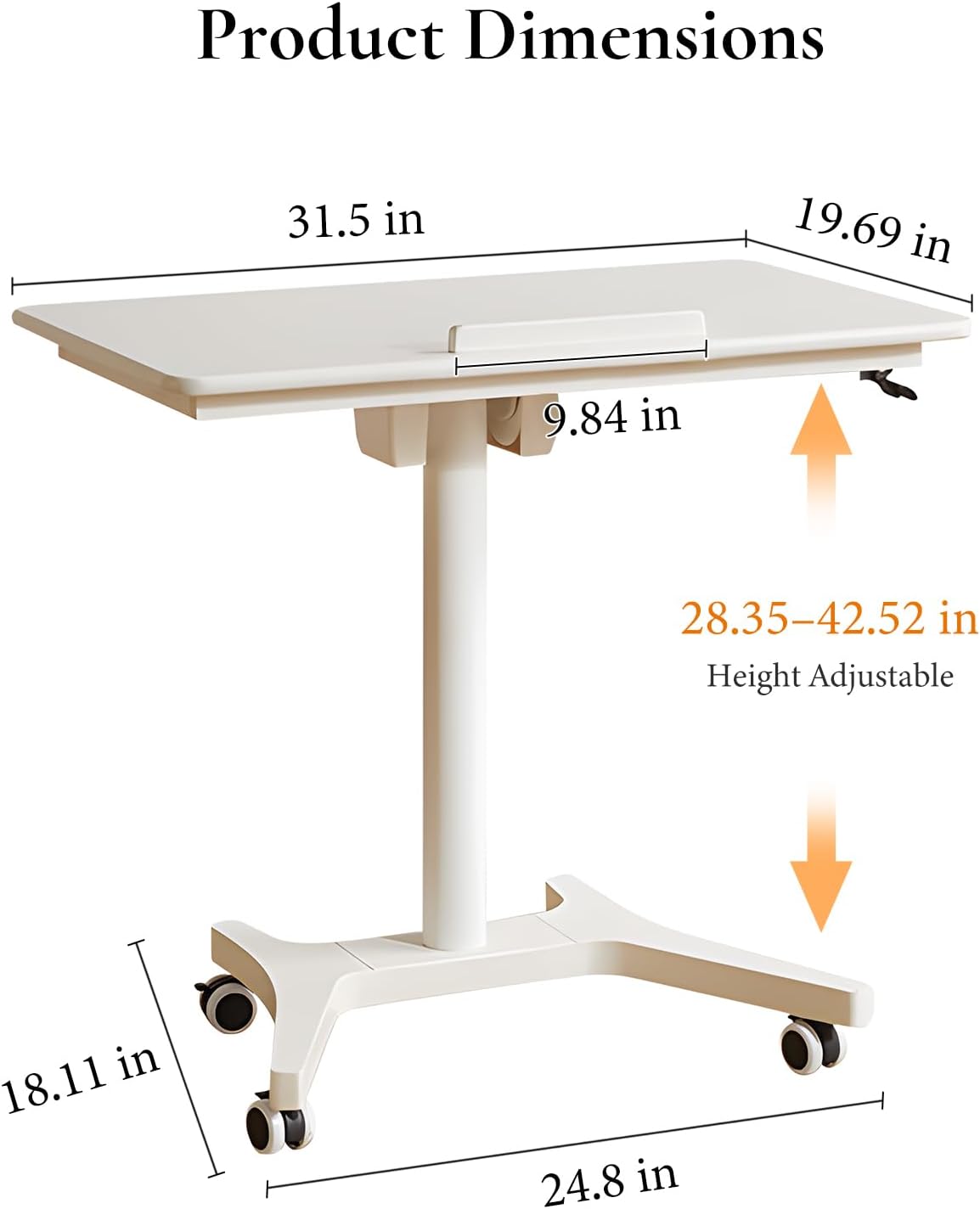 Adjustable Computer Desk, Solid Wood Folding Desk with Wheels, Mobile Home Office Laptop Table, Sit Stand Workstation, Rolling Desk, 28.35-42.52 H x 31.5 W x 19.69 D Inches,White