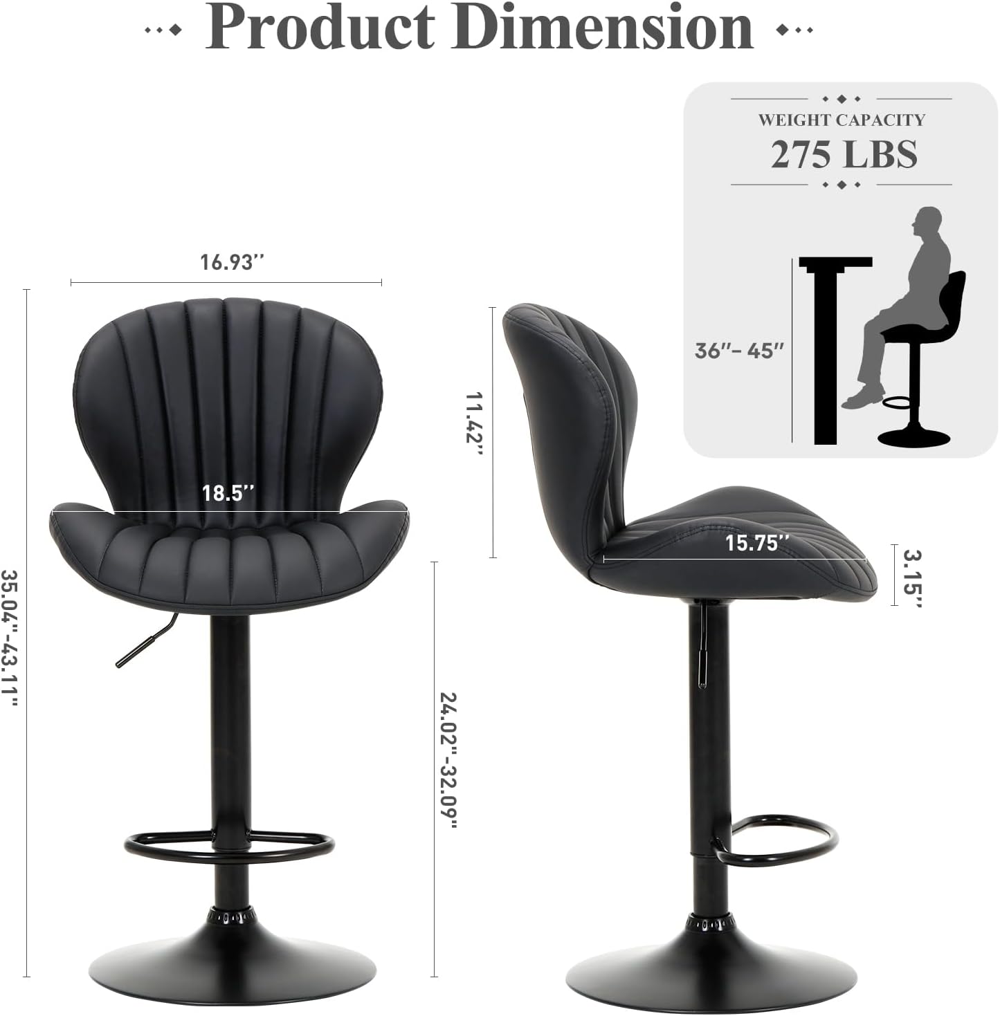 COLAMY Bar Stools Set of 1, Modern Swivel Bar Chairs, Adjustable Faux Leather Upholstered Barstools Counter Height with High Backrest for Bar, Kitchen Island, Dining Room, Black