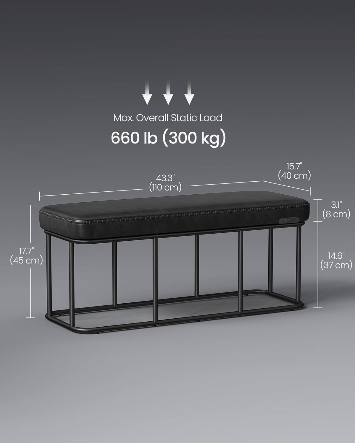 VASAGLE EKHO Collection - Storage Bench for Entryway, Ottoman Bench with Steel Frame, 43.3-Inch Wide, Synthetic Leather, Living Dining Room, Mid-Century Modern, Loads 660 lb, Ink Black ULOM085B01